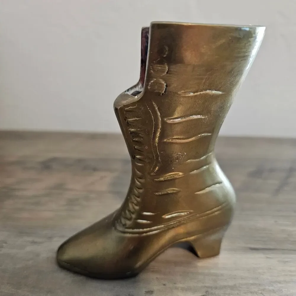 Vintage Brass Victorian Boot Figurine Shoe MCM Home Decor Vase Planter Mod